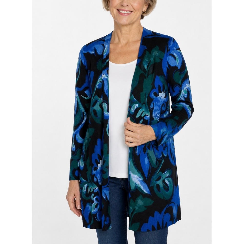 Chico's Open Front Long Line Cardigan Womens M Blue Floral Paisley Art to Wear